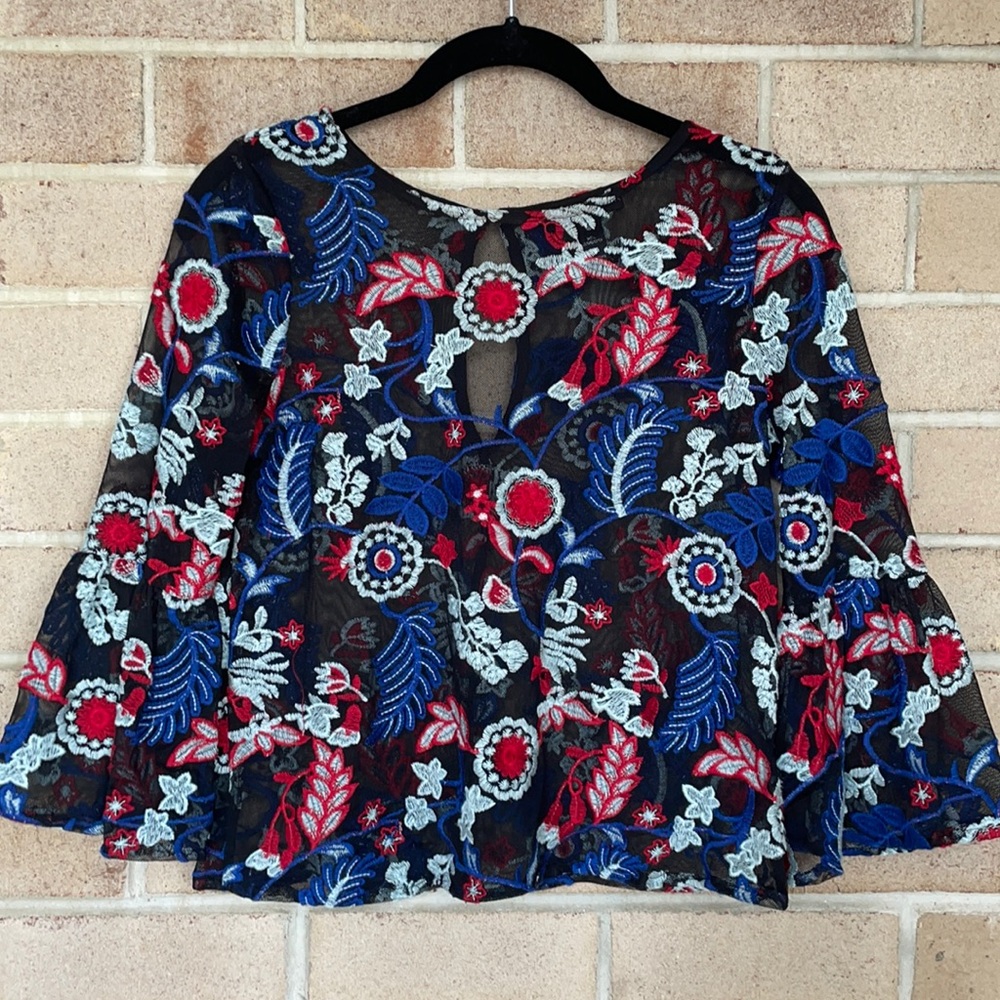 Floral Embroidered Mesh Bell Sleeve Top